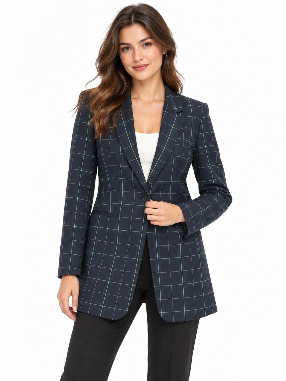 Tommy Hilfiger Blazer Jacket Women's 10 Navy Blue Plaid Windowpane One Button